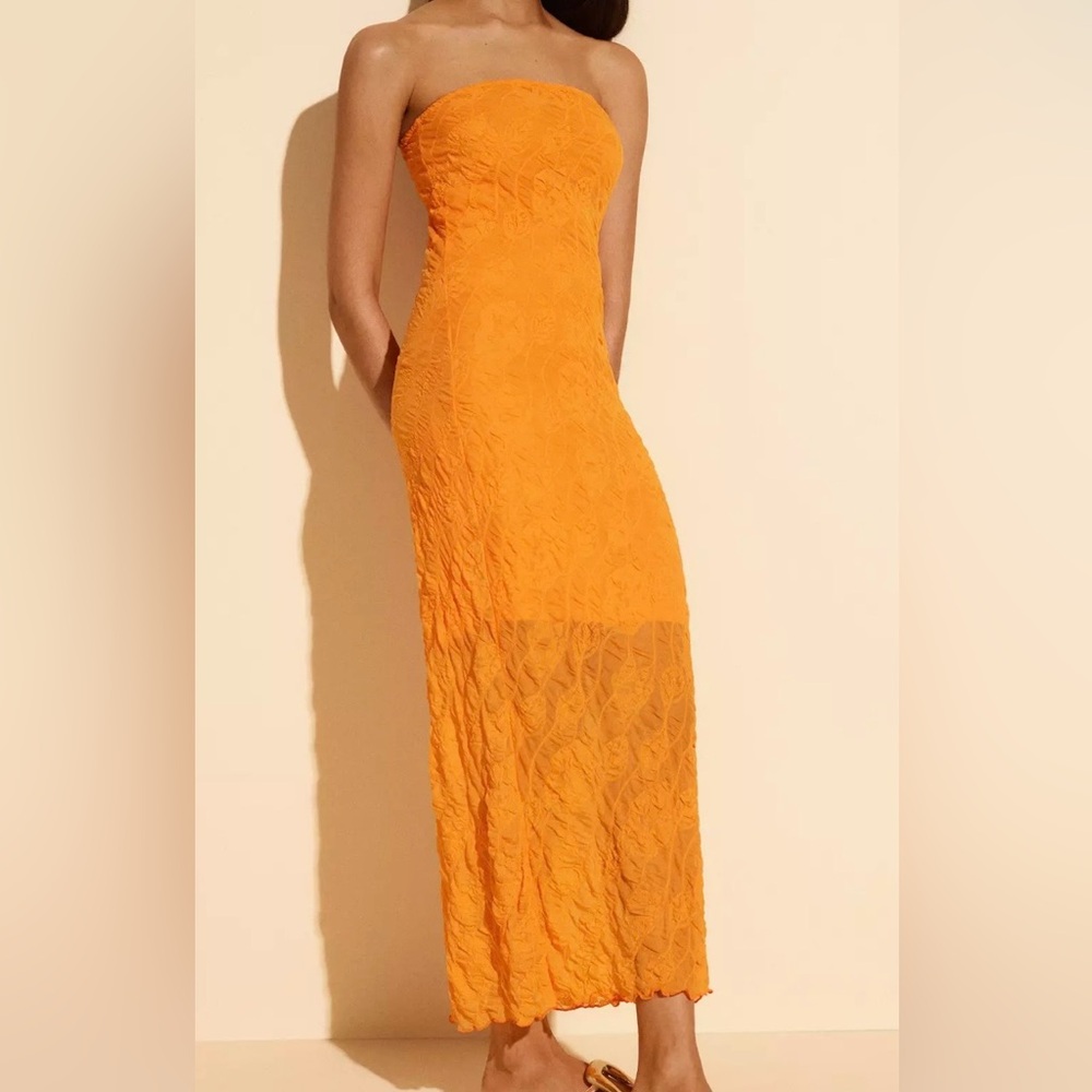 Anthropologie Orange Lace Strapless Maxi Dress - Ruched Sheer - Size S